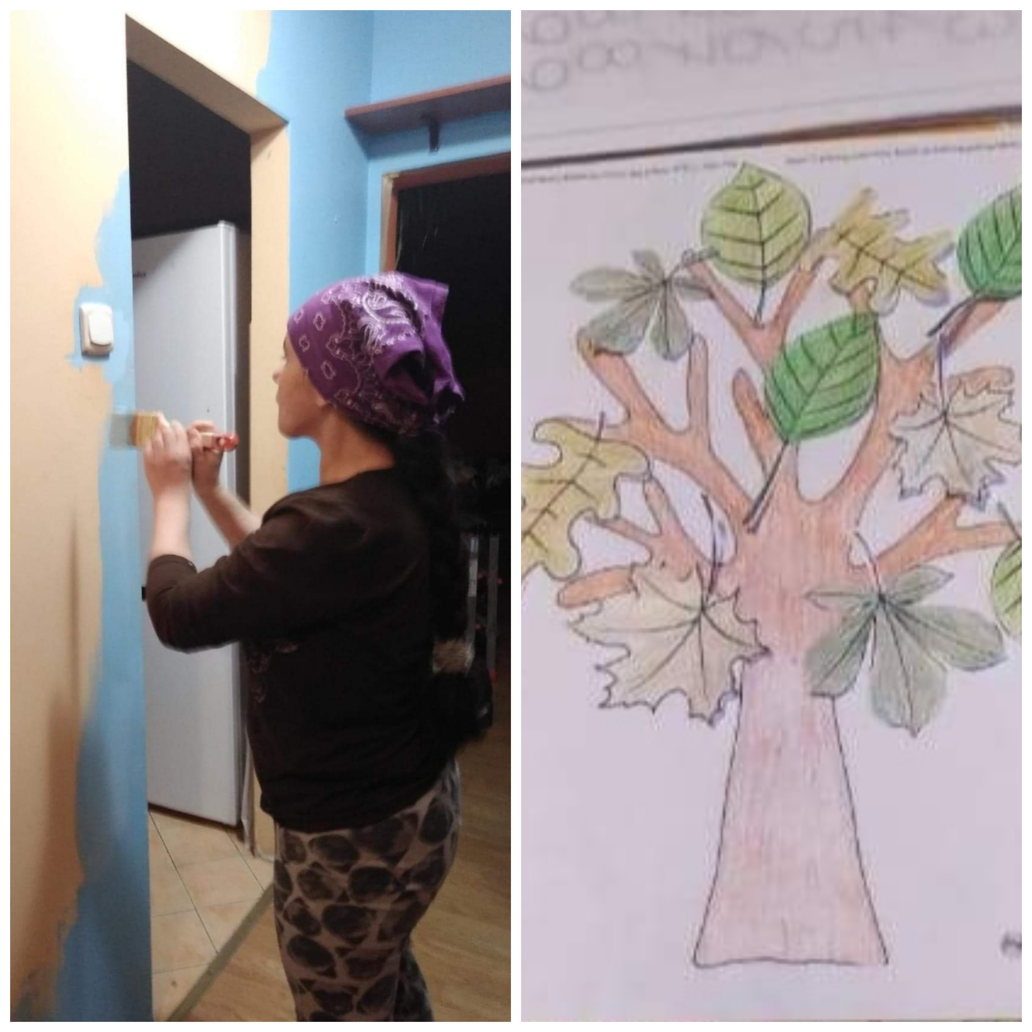 Kobieta maluje futrynę drzwi, drugie zdjęcie ,rysunek drzewa.