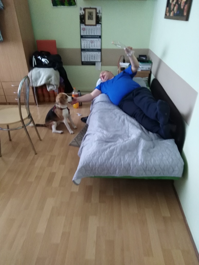  Mężczyzna leży na łóżku i głaszcze psa siedzącego przy łóżku.