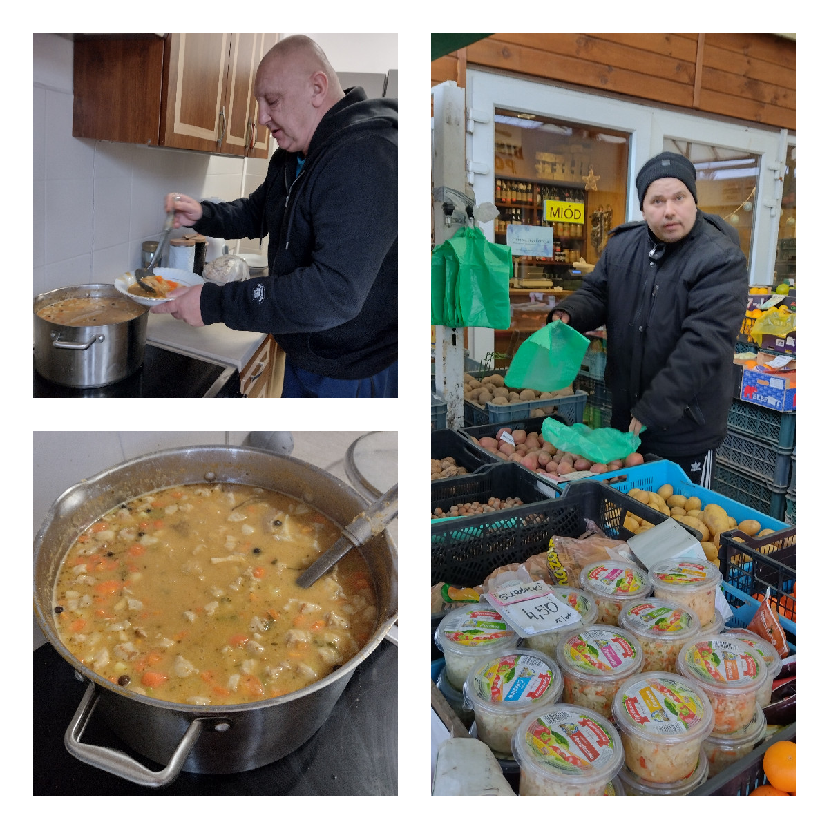 Kolaż zdjęć: garnek z zupą, mężczyzna nakładający zupę na talerz, mężczyzna przy straganie z warzywami.