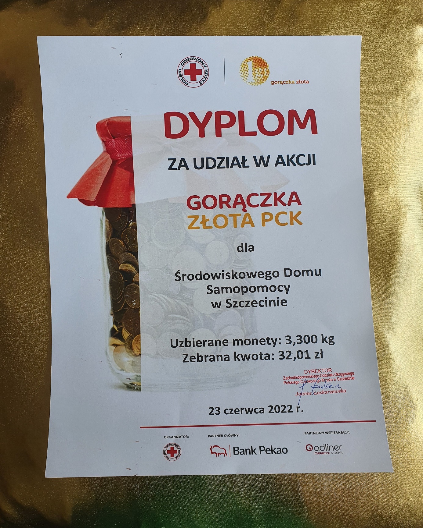 Dyplom za udział w akcji ,,Gorączka Złota PCK”