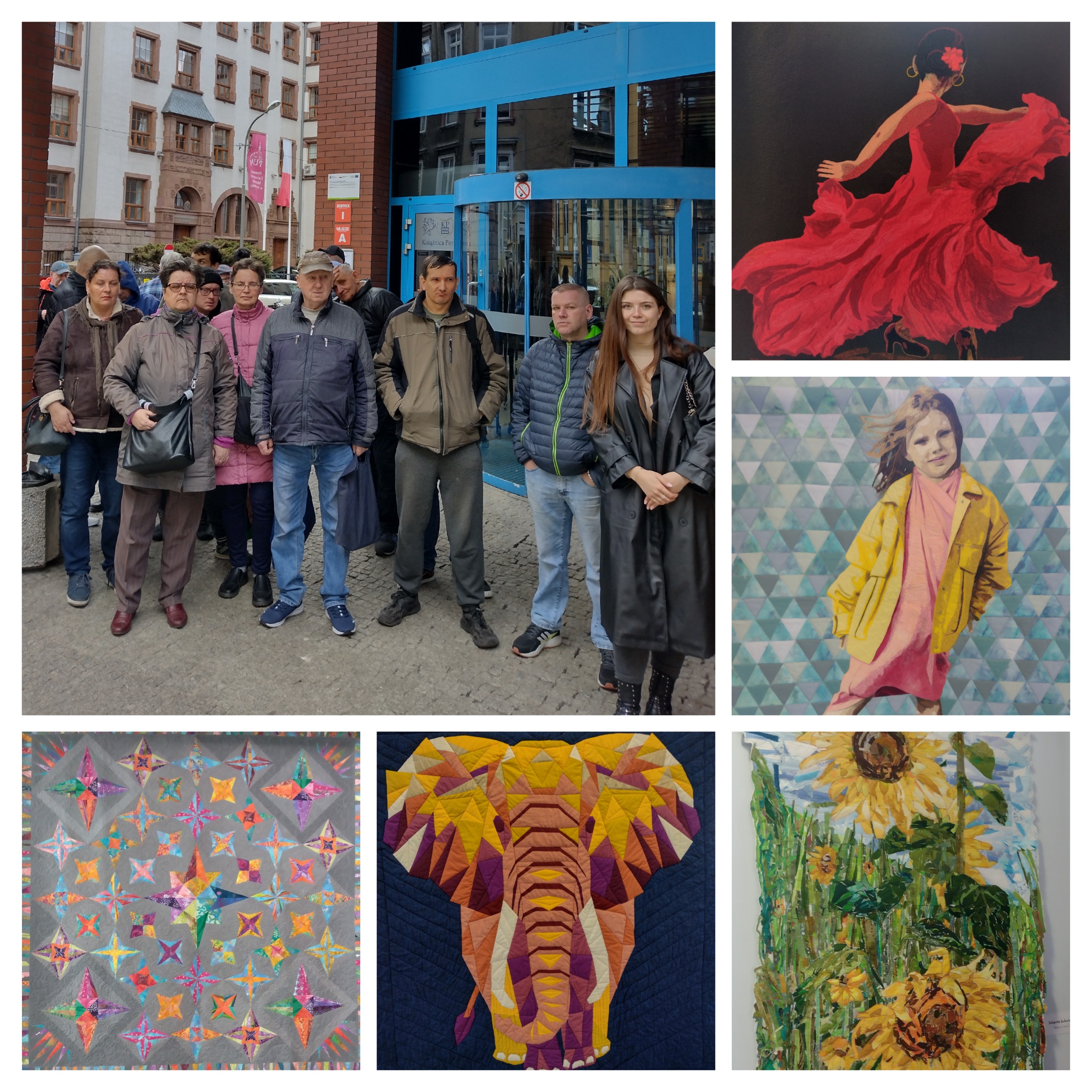 Kolaż zdjęć: grupa kobiet i mężczyzn stojących przed Książnicą Pomorską. Prezentacja  pięciu wybranych tkanin artystycznych.