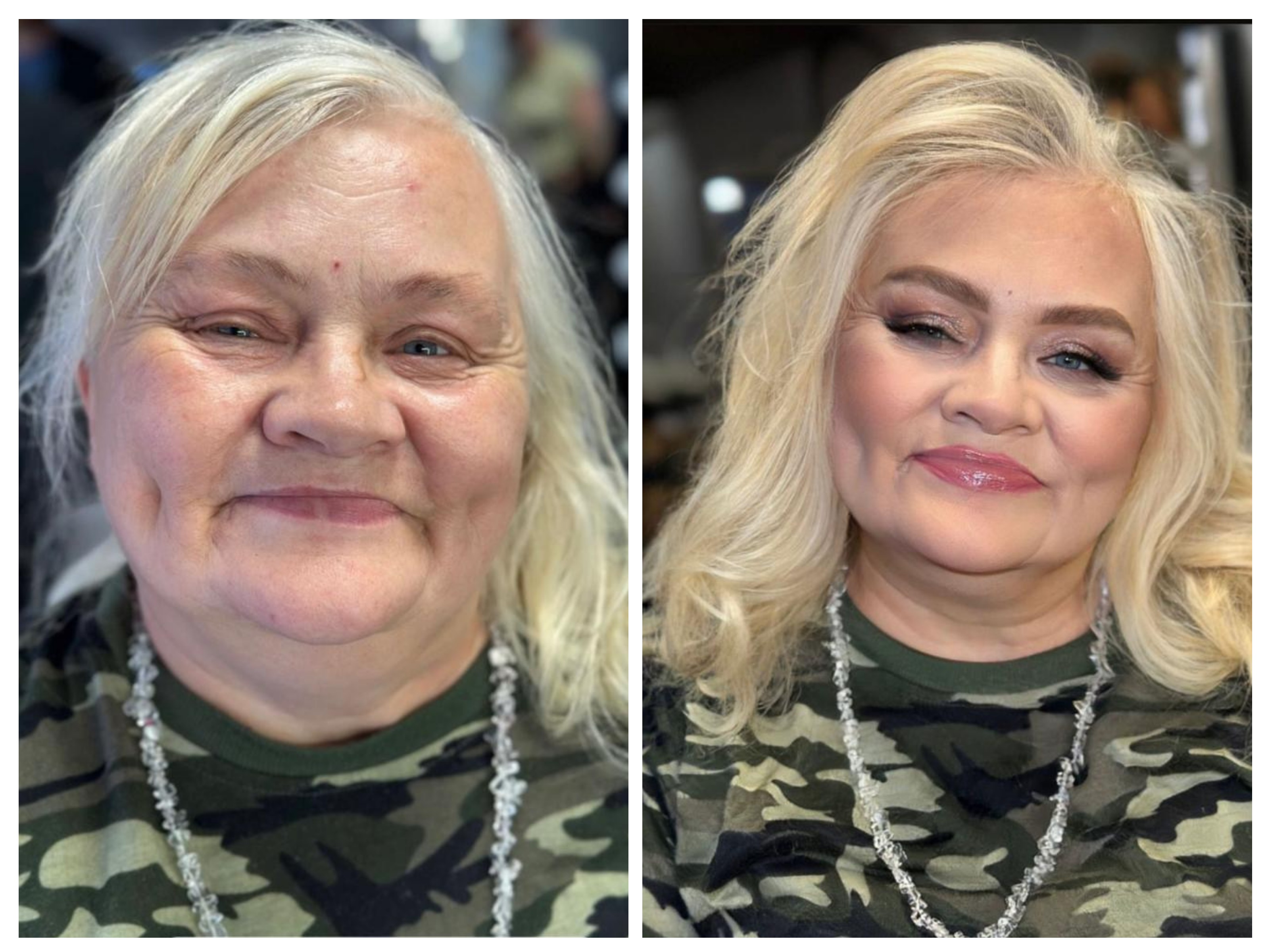 Kolaż zdjęć kobiety przed i po makijażu.