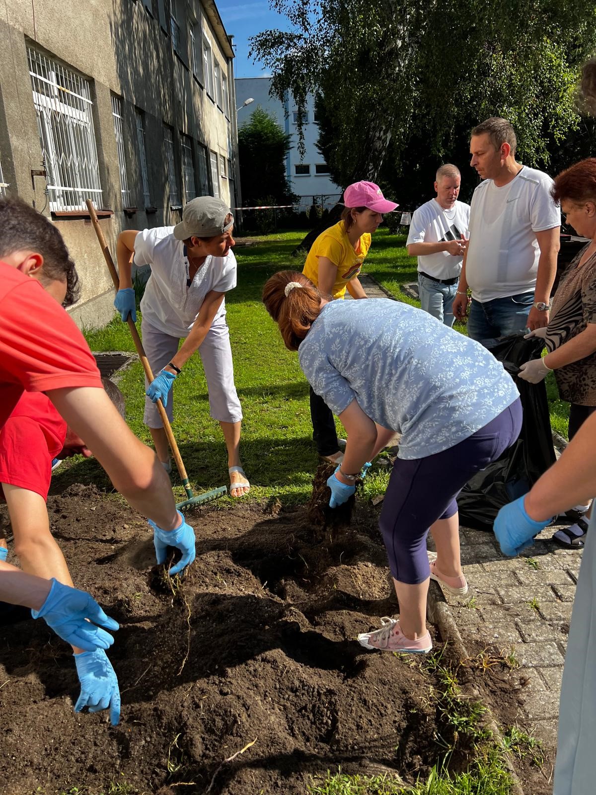 Grupa ludzi pracuje nad przekopanym kawałkiem ziemi. Jedna kobieta grabi ziemie inne osoby oczyszczają ziemie z resztek trawy.  